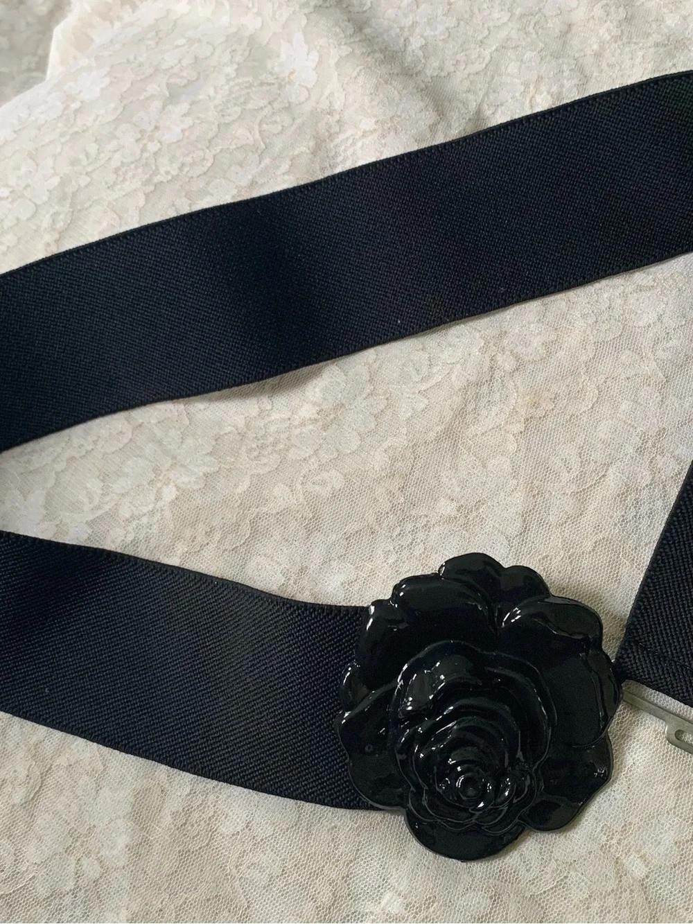 Women’s Black Rose Flower Elastic Stretch Belt | Retro Wide Dress Cinch Band